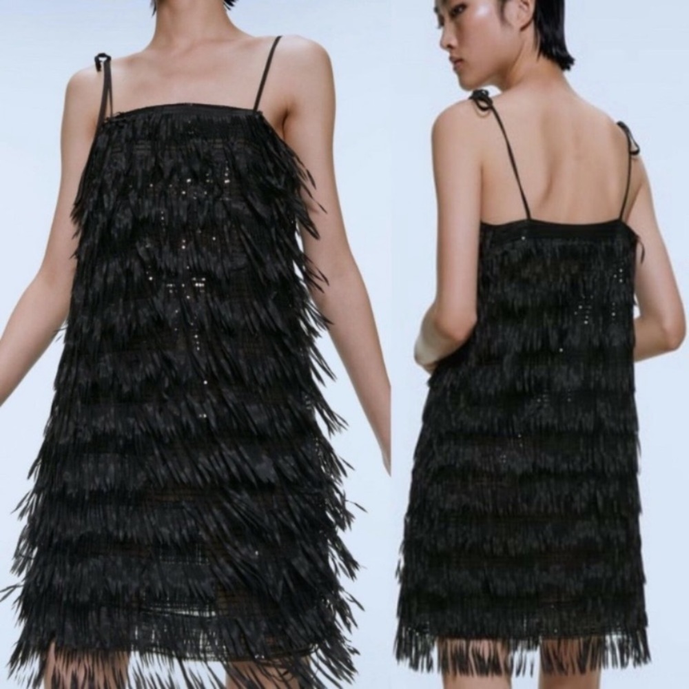 NWT Zara black sequined fringe party cocktail dress size M